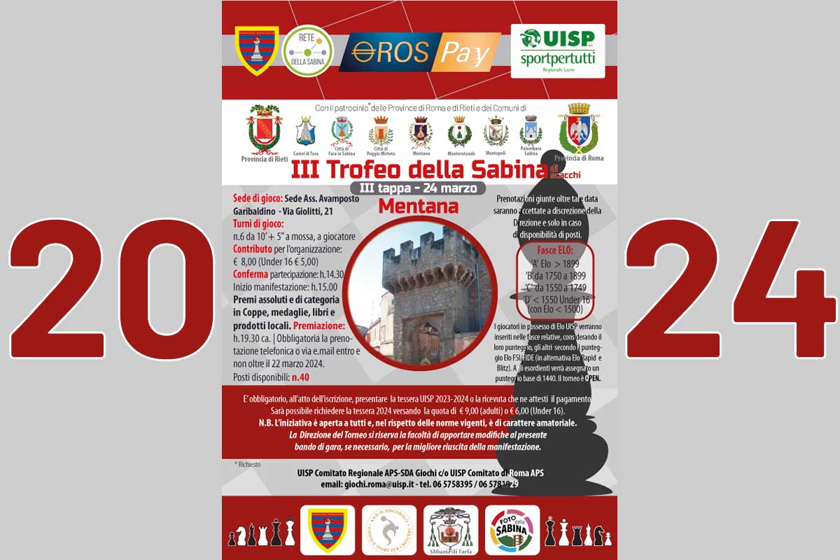 3° Trofeo della Sabina di Scacchi: Mentana 24 marzo 2024