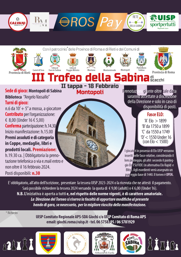 3° Trofeo della Sabina di Scacchi - Poggio Mirteto 28 Gennaio 2024