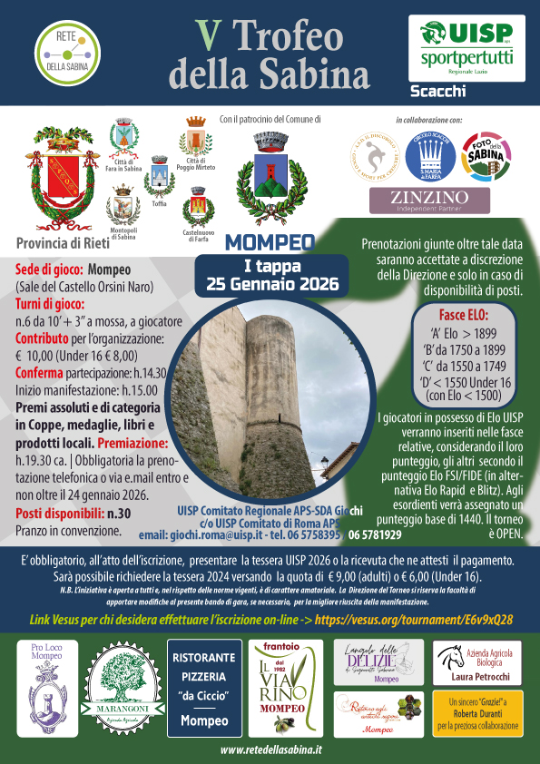 I Tappa del IV Trofeo della Sabina di Scacchi a Mompeo 25 gennaio 2026 I Tappa del IV Trofeo della Sabina di Scacchi a Mompeo 25 gennaio 2026