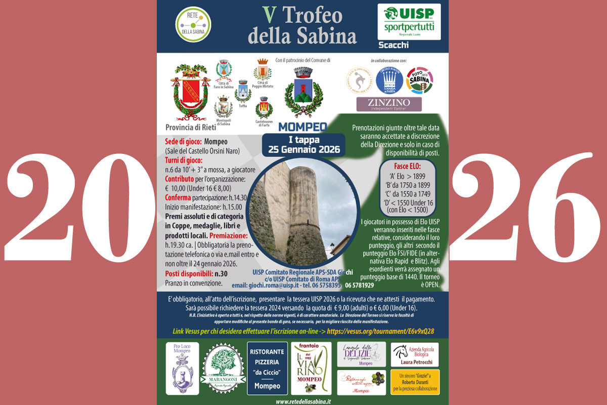 5° Trofeo della Sabina di Scacchi - Mompeo 25 Gennaio 2026