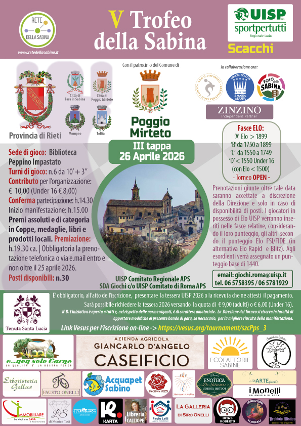 III Tappa del V Trofeo della Sabina di Scacchi a Poggio Mirteto il 26 Aprile 2026