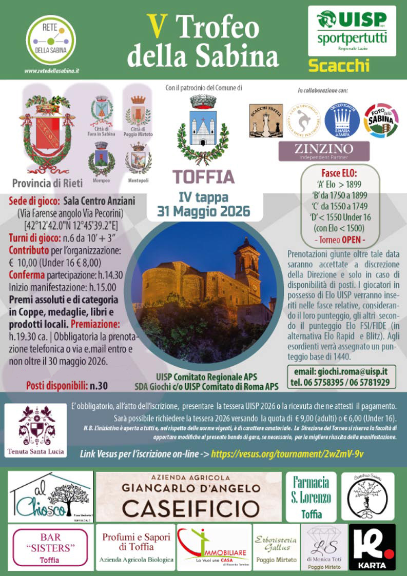 V Tappa del V Trofeo della Sabina di Scacchi a Toffia il 31 maggio 2026 V Tappa del V Trofeo della Sabina di Scacchi a Toffia il 31 maggio 2026